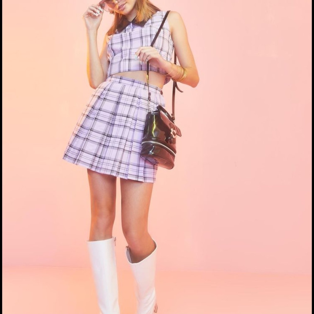 Plaid Pleated Purple Skirt and top set